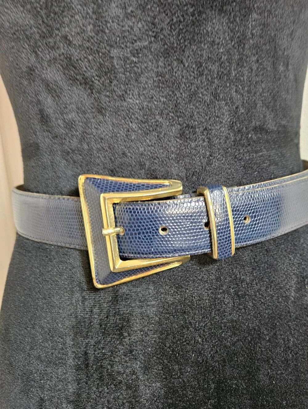 Vintage Speyer Navy Blue Leather Lizard Geometric/Gold  Buckle Statement Belt S
